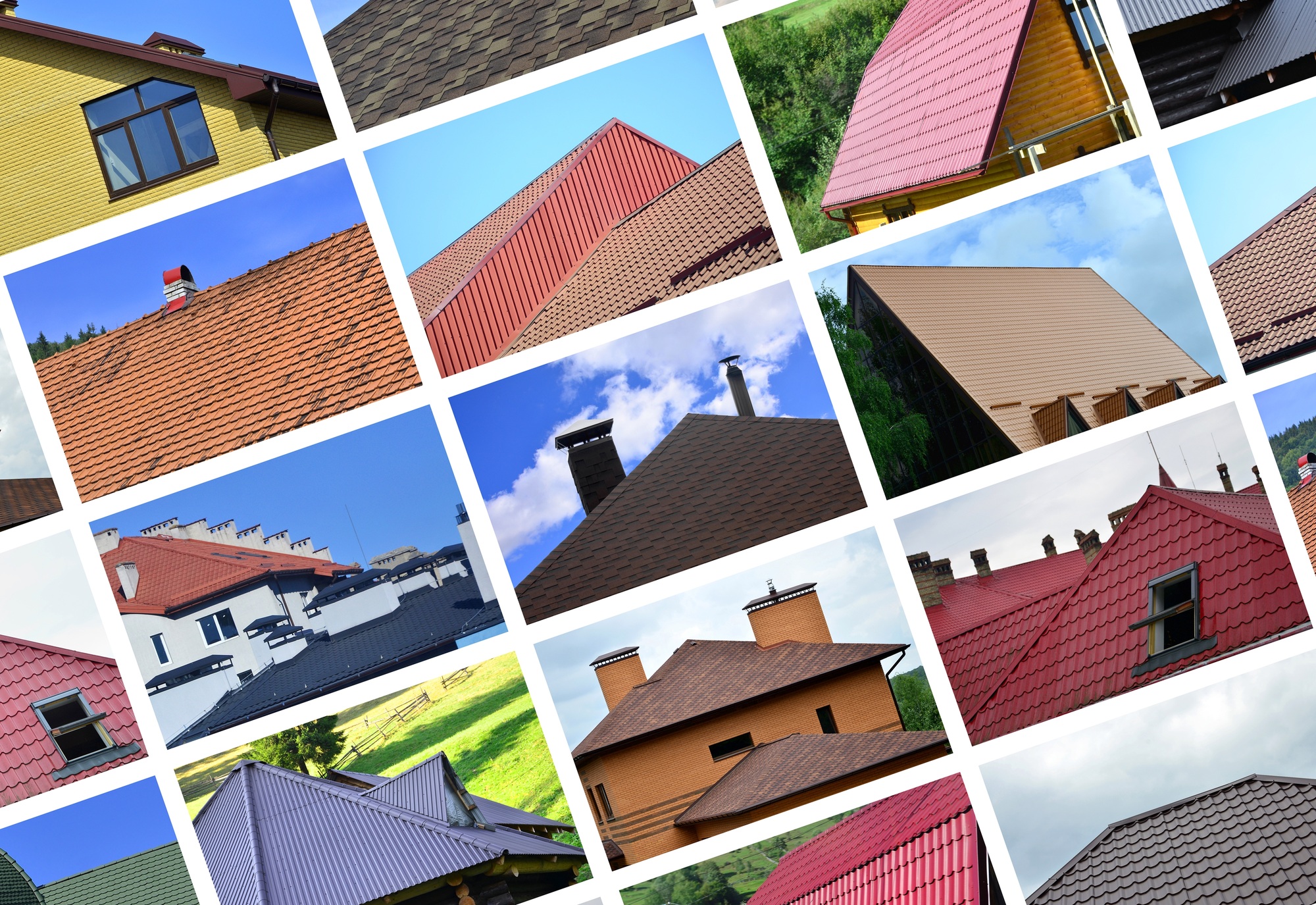 A collage of many pictures with fragments of various types of roofing. Set of images with roofs