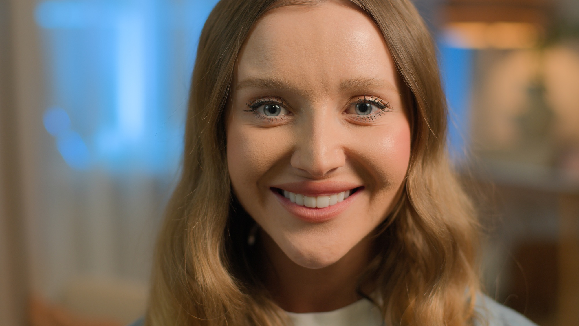 Close up portrait Caucasian woman smiling girl millennial happy homeowner housewife looking at